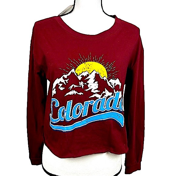 NWT Messy Bun Just Chillin Long Sleeve Colorado Crop in Burgundy Wine Color Sz S - Picture 1 of 16